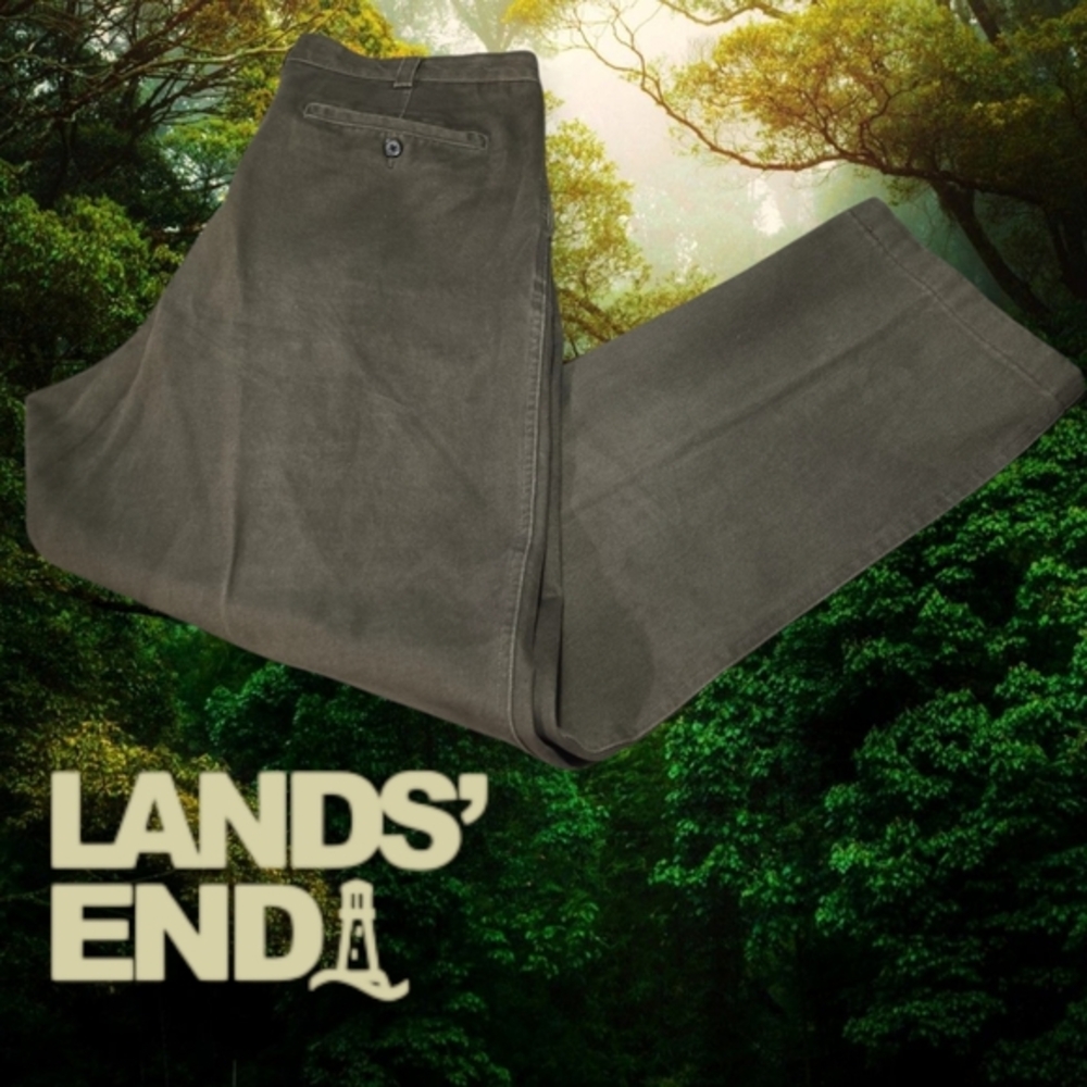 Lands' End Chino Pants Mens‎ Traditional Fit Pleated Dark Olive Green 37x31